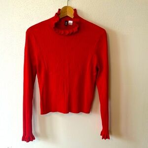 Frill neck red ribbed cropped pointelle knot turtleneck sweater XL extra large
